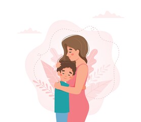 Mother s day greeting card. Mother and child hugging. Vector illustration concept in flat style