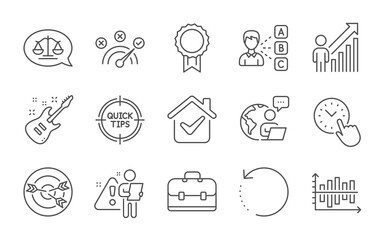 Fototapeta premium Opinion, Tips and Correct answer line icons set. Targeting, Employee result and Electric guitar signs. Reward, Diagram chart and Justice scales symbols. Line icons set. Vector