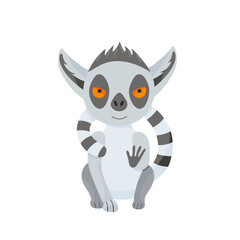 Calm gray lemur sits and hugs itself with a fluffy tail. Cute baby animal in cartoon style. Vector illustration, isolated color elements on a white background