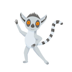 Funny gray lemur dance and waving. The fluffy striped tail curves. Cute baby animal in cartoon style. Vector illustration, isolated color elements on a white background © Натали
