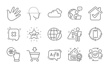 Environment day, Hand and Ab testing line icons set. Online market, Cream and Freezing click signs. Approved teamwork, Cloudy weather and Vip star symbols. Line icons set. Vector