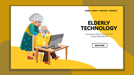 Elderly Technology Gadget Using Together Vector. Old Man And Woman Sitting And Standing At Table Looking In Computer Monitor Digital Technology. Characters Web Flat Cartoon Illustration