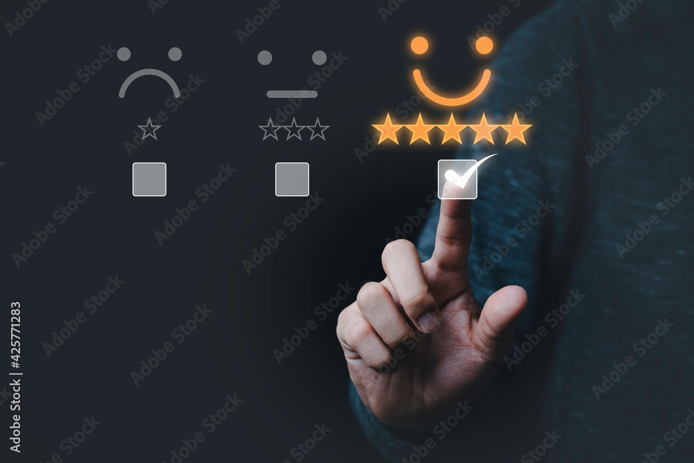 Poster Hand touching and doing mark to select smiley face icon for evaluate product and service, customer satisfaction concept.