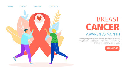 Breast cancer disease, vector illustration. Medical awareness campaign help, landing banner concept. Solidarity people community for protection