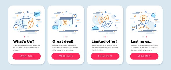 Fototapeta premium Set of Business icons, such as Environment day, Banking, Organic tested symbols. Mobile screen banners. Bitcoin project line icons. Safe world, Money payment, Bio ingredients. Vector