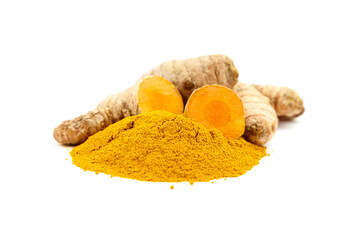 Curcuma powder and roots isolated on white background. Oriental spice