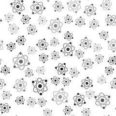 Black Atom icon isolated seamless pattern on white background. Symbol of science, education, nuclear physics, scientific research. Vector