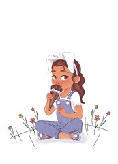 Cute little girl in a bunny costume with chocolate ice cream in her hands, sits on a clearing with flowers. Postcard, blank sheet for your text or wishes. Template for postcards, stickers