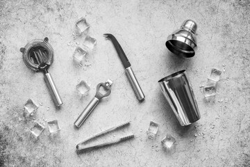 Cocktail bar utensils and tools. Top view, flat lay