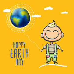 Cartoon earth day illustration or banner with little cute boy character holding in hands baloon with earth globe. Vector World earth day concept poster illustration with planet Earth and funny child