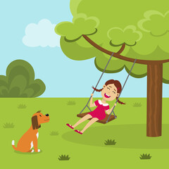 Cute smiling girl on a tree swing in the park and a dog looking at her. Happy swinging kid playing on backyard and a pet. Child enjoying swinging. Happy childhood concept. Flat vector illustration.