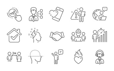 Social distancing, Third party and Business statistics line icons set. Agent, Graph chart and Face scanning signs. Heart flame, Heart and Handshake symbols. Line icons set. Vector