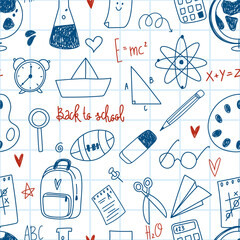 Fototapeta na wymiar Back to school seamless vector pattern for textile fabric design, wrapping paper and website wallpapers. Funny seamless pattern with school supplies and creative elements. Pen sketch background.
