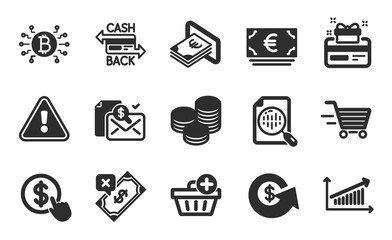 Cashback card, Analytics chart and Euro currency icons simple set. Buy currency, Chart and Add purchase signs. Cash, Bitcoin system and Rejected payment symbols. Flat icons set. Vector