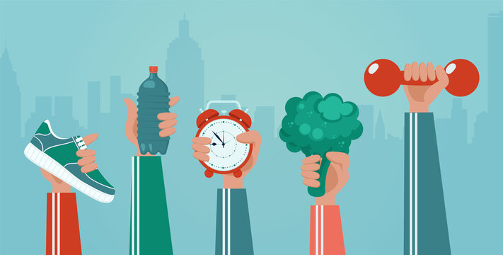 Vector of hands holding fitness gear and healthy food choices on a city background