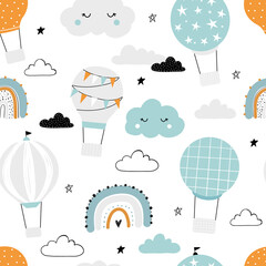 Vector hand-drawn seamless repeating children simple pattern with air balloons, clouds and rainbows in Scandinavian style on a white background. Kids pattern with air balloons. Funny transport.