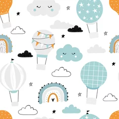 Foto op Plexiglas Babykamer Vector hand-drawn seamless repeating children simple pattern with air balloons, clouds and rainbows in Scandinavian style on a white background. Kids pattern with air balloons. Funny transport.