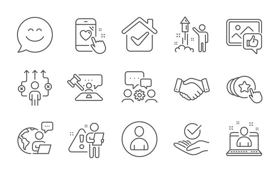 Engineering team, Avatar and Business way line icons set. Hold heart, Judge hammer and Employees handshake signs. Fireworks, Like photo and Smile chat symbols. Line icons set. Vector