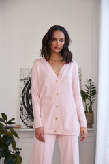 Pretty fashion beautiful woman sexy lady brunette curly hair dark tanned skin wear trend clothes...