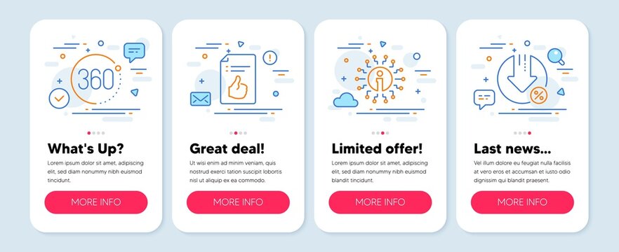 Set of Technology icons, such as Approved document, 360 degrees, Info symbols. Mobile screen banners. Loan percent line icons. Like symbol, Full rotation, Information. Decrease rate. Vector