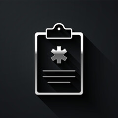 Fototapeta premium Silver Medical clipboard with clinical record icon isolated on black background. Health insurance form. Prescription, medical check marks report. Long shadow style. Vector