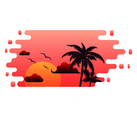 Tropical beach at sunset with palm trees. Vector illustration. summer concept background
