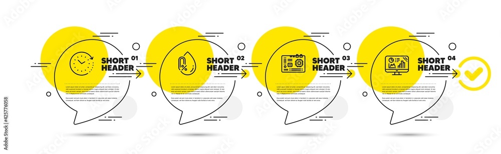Poster time change, motherboard and no alcohol line icons set. timeline infograph speech bubbles. analytics