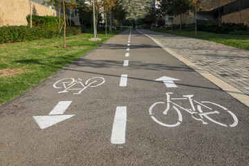 Bicycle path. Bicycle lane sign on a road. 