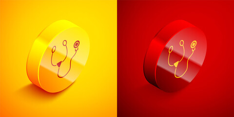 Isometric Stethoscope medical instrument icon isolated on orange and red background. Circle button. Vector