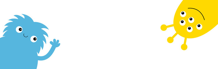 Monster head face silhouette set. Line banner. Happy Halloween. Eyes, teeth, tongue, hands. Hanging upside down. Colorful Funny Cute kawaii cartoon baby character. Flat design. White background. © worldofvector