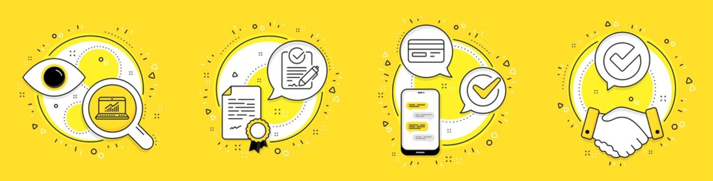 Online statistics, Credit card and Rfp line icons set. Licence, cell phone and deal vector icons. Verify sign. Computer data, Card payment, Request for proposal. Selected choice. Vector