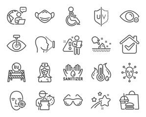Medical icons set. Included icon as Problem skin, Myopia, Medical mask signs. Face biometrics, Eu close borders, Disabled symbols. Hand sanitizer, Uv protection, Fever temperature. Face id. Vector