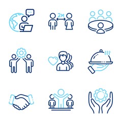 People icons set. Included icon as Meeting, Winner, Man love signs. Social distancing, Employees teamwork, Handshake symbols. Employee hand, Restaurant food line icons. Line icons set. Vector