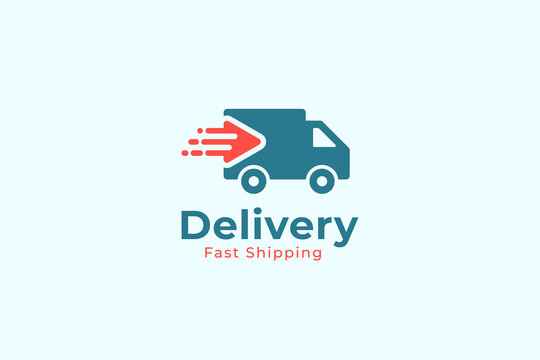 Fast Shipping Delivery Logo. Blue Truck Icon with Red Pixel Dots Right Arrow isolated on White Background. Usable for Business and Transportation Logos. Flat Vector Logo Design Template Element.