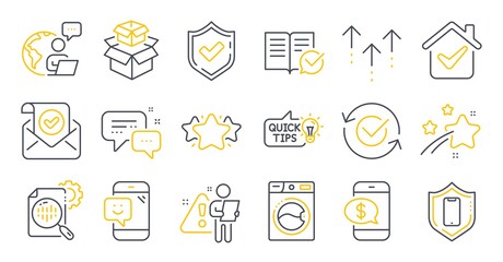 Set of Technology icons, such as Smartphone protection, Smile, Approved documentation symbols. Confirmed mail, Swipe up, Confirmed signs. Phone payment, Approved, Employees messenger. Star. Vector