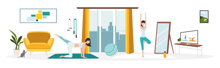 workout online. Stay at home. keep fit and positivity girl does exercises on a laptop and a monitor. Healthy lifestyle. Coronavirus quarantine isolation. Vector illustration.