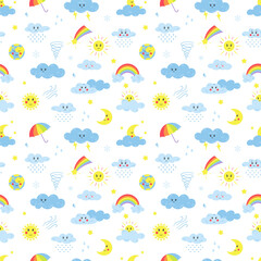 Fototapeta na wymiar Seamless pattern with elements of weather, clouds, sun, rain, umbrella, rainbow. For children's textiles and products for kids. Color cartoon vector illustrations. Isolated on white.
