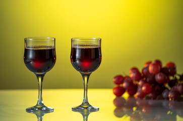 Two glasses of wine on a beautiful yellow background. holiday mood