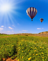 Two bright multicolor hot air balloons