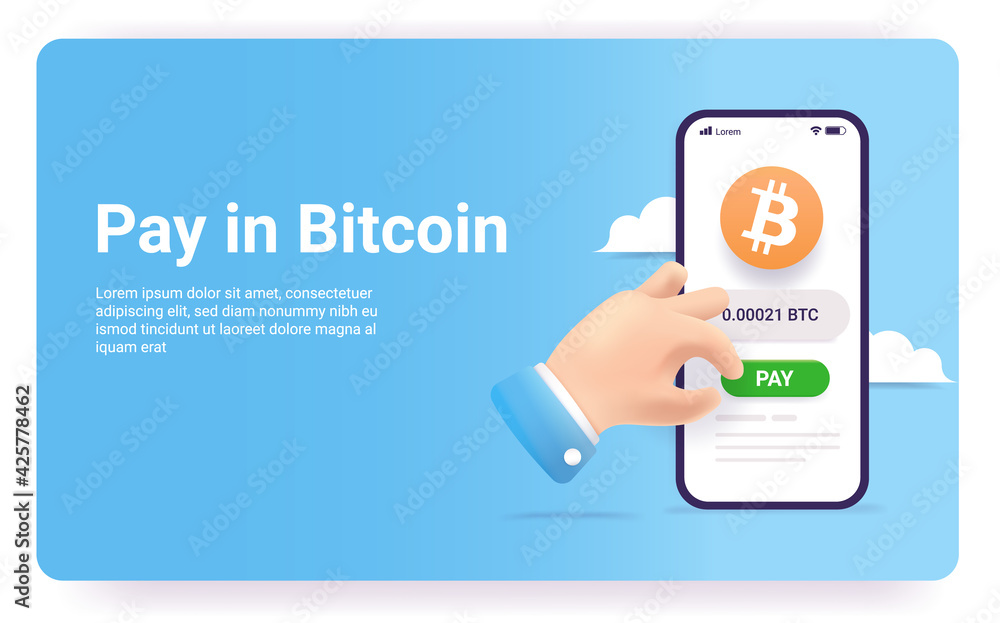 Poster pay in bitcoin - web illustration of hand paying with crypto currency on mobile phone. vector illust