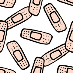 Vector seamless pattern of band aid nude skin color with black outline drawn by hand repeating in a chaotic manner on a white background for a package design template