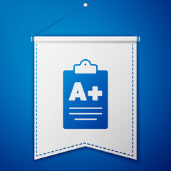 Blue Exam sheet with A plus grade icon isolated on blue background. Test paper, exam, or survey concept. School test or exam. White pennant template. Vector