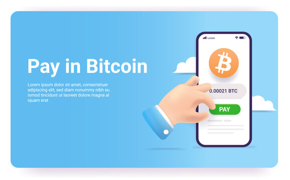 Pay In Bitcoin - Web Illustration Of Hand Paying With Crypto Currency On Mobile Phone. Vector Illustration Mockup.