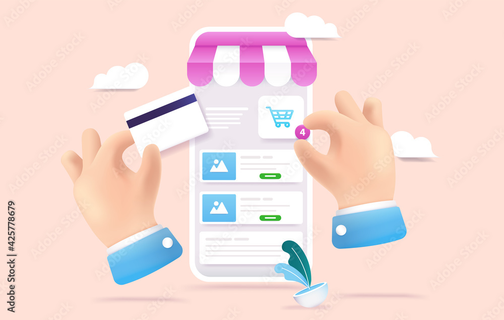 Aufkleber Online shopping on smartphone - 3d vector illustration of hands using store and paying on web shop. Editable mockup.