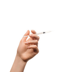 Injection syringe in woman's hand on white background, isolated.