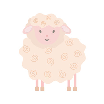 Little cute funny sheep in simple cartoon style vector illustration for children, farm pink animal greeting card design for invitation, birthday celebration, kids holidays decor