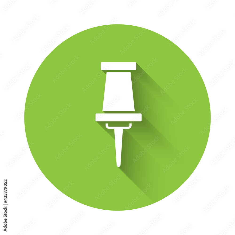 Poster white push pin icon isolated with long shadow. thumbtacks sign. green circle button. vector