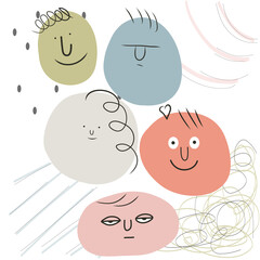 Abstract Round comic Faces with various Emotions and hand gestures Vector illustration for kids. Cute funny characters.