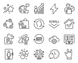 Business icons set. Included icon as Clean bubbles, Update time, Face id signs. Fireworks stars, Employee result, Horns hand symbols. Parking security, Refund commission, Energy. Elevator. Vector