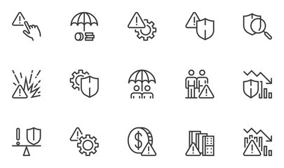 Set of Vector Line Icons Related to Risk Management. Risk Analysis, Investment Plan, Managerial Decision, Minimizing Losses. Editable Stroke. 48x48 Pixel Perfect.